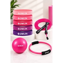 8 Parça Pilates Ve Fitness Seti Mini Pilates Topu, Pilates Çemberi, Ayarlanabilir Atlama İpi Ve 5 Li Direnç Bandı Pembe