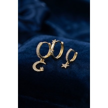 3 Lü Ay Ve Yıldız Model Gold Renk Set Küpe Çok Renkli