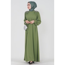 Omuzu İşlemeli Beli Kuşaklı Tesettür Elbise-fıstık Yeşili-3510-fıstık Yeşili