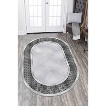 Gri Çerçeveli Kaymaz Tabanlı Yıkanan Oval Halı Ar735n11