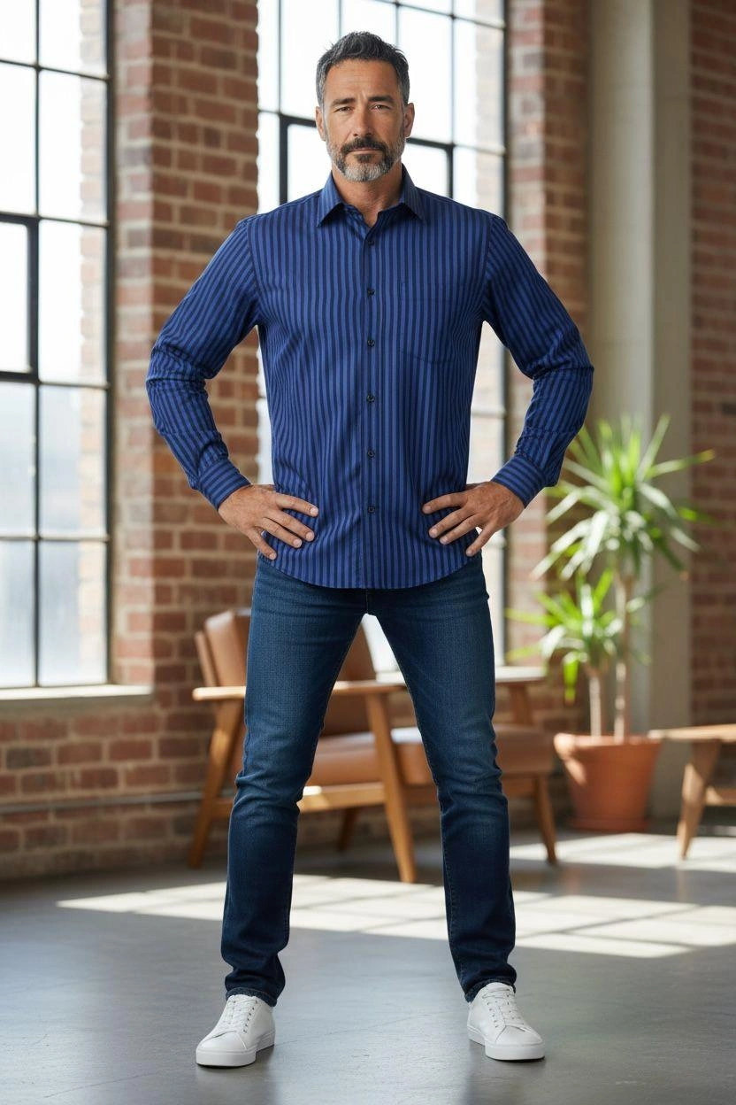 Klasik %100 Cotton Mavi Uzun Kollu Mevsimlik Çizgili Gömlek Regular Kalıp -10448 Mavi
