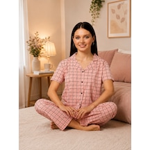 Ercan Pembe Kareli Desenli Kısa Kollu Uzun Altlı Pijama Takımı Açık Pembe