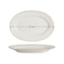 27 Cm Cream Altın Yaldızlı Kabartma Goncagül Desen Porselen Kayık Tabak Şık Servis Ve Sunum Tabağı Krem