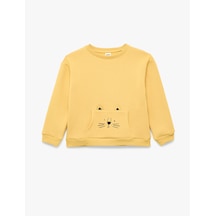 Koton Kedi Baskılı Kanguru Cepli Uzun Kollu Şardonlu Sweatshirt Sarı 7wmb10020tk
