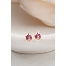 925 Ayar Gümüş Rose Kaplama Minik Pembe Uğur Böceği Küpe Pembe Altın
