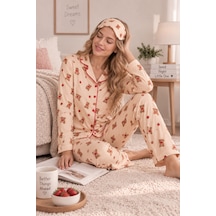 Free Beka Krem Ayıcık Desenli Biye Detaylı Kadın Uzun Kollu Pijama Takımı