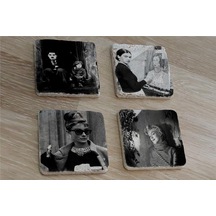 Charlie Chaplin Frida Kahlo Audrey Hepburn Marilyn Monroe Doğal Taş Bardak Altlığı 4'lü Set - Natural Stone Coasters - Taş Çok Renkli