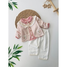 Miniğimin Cicileri Çiçek İşleme Detaylı 3 Lü Kız Bebe Takım -... Pembe