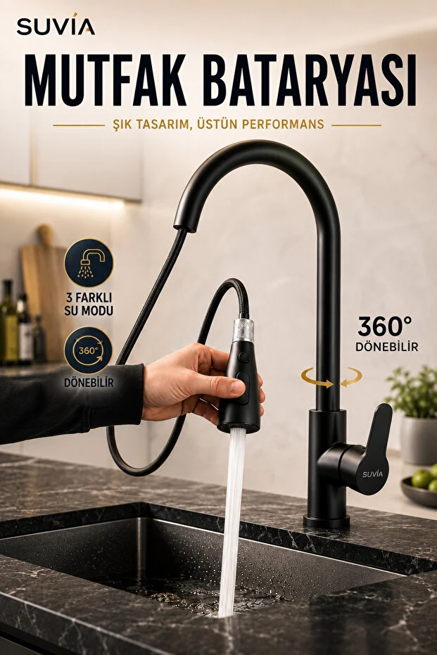 Mutfak Bataryası 3 Fonksiyonlu 360 Döner Uzatmalı Çekilebilir Başlıklı Evye Musluğu Siyah