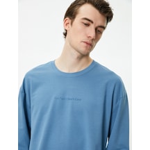 Koton Oversize Sweatshirt Bisiklet Yaka Slogan Baskılı Mavi 4wam70246mk Mavi