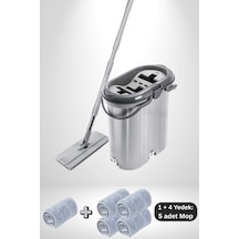 Trio Tablet Mop Seti 14 Lt Gri, 3 Hazneli Yıkama Durulama Kurulama Temizlik Seti + 4 Mikrofiber Mop