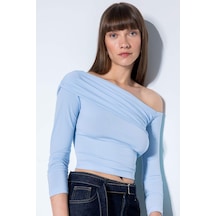 Defacto Slim Fit Omuzu Açık Basic Düz Uzun Kollu Bluz D4559AX24AUBE745 Mavi