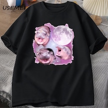 Flood Of Style Üç Moo Deng Ay Tshirt Erkekler Kadınlar Fuuny Karikatür Sevimli Moodeng T-shirt Pamuk Kısa Ko Siyah