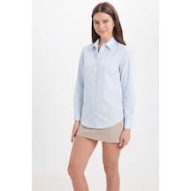 Tudors Kadın Slim Fit Dar Kesim Vucüda Oturan Uzun Kollu Gizli Düğme Detaylı Mavi Basic Gömlek-41569