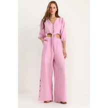 Shade Kadın Bağlama Detaylı Bluz Astarlı Paçası Düğmeli Pantolonlu Astarlı Alt-üst Takım 9266 60281046 - Pembe