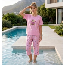 Pijamoni Milan Kumaş Bisiklet Yaka Kısa Kollu Kadın Kapri Pijama Takımı Pembe