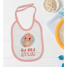 BK Kids Üj Bej Aylık Tasarımlı Pembe Bebek Mama Önlüğü-1 Bej