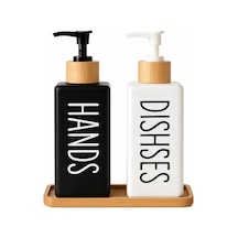 Minimalist Bambu Tepsili Siyah Beyaz Sabunluk Ve Deterjan Dispenser Seti, Mutfak, Banyo Ve Lavabo İçin Şık, Dayanıklı, Kaymaz Tabanlı, Geniş Ağızlı, Kolay Dolumlu Sıvı Sabunluk & Bulaşık Deterjan Şiş 12 Izgara