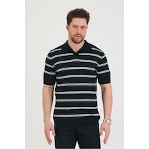 Tarz Cool Erkek Polo Yaka Çift Çizgi Detaylı Triko T-shirt Siyah
