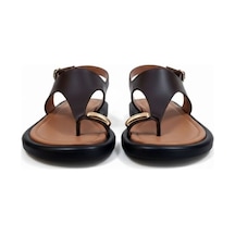Ne&ve Shoes Kahve Hakiki Deri Aksesuar Detaylı Parmak Arası Kadın Arkadan Tokalı Sandalet Kahverengi