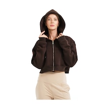 Justever Crop Kapüşonlu Fermuarlı Kanguru Cepli Şardonlu Hoodie Acı Kahve Kadın Sweatshirt - Lumen Acı Kahve Acı Kahverengi