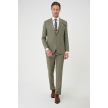 Efor Slim Fit Çift Yırtmaç Keten Karışımlı Yelekli Klasik Haki Takım Elbise Tk 914 Haki