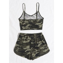Desenli Kadın Rahat Duruş Kamuflaj Askılı Crop Top Ve Şortlu Takı