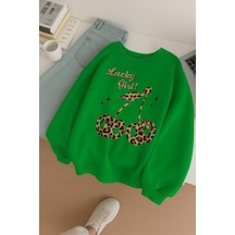 Benroma 3 İplik Penye Lucky Girl Baskılı Unisex Sweatshırt Yeşil