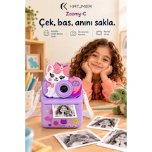 Kj/zm-001 Zoomy-c Kedi Figürlü Anında Baskılı Çocuk Fotoğraf Makinesi, Çift Kamera, 2,4 İnç Ekran, 1080p Video, 3+ Yaş Mor