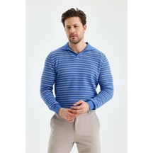 Cool Tarz Erkek Patlı Slim Fit Çizgi Detaylı Uzun Kollu Polo Yaka Triko Kazak Saks Saks