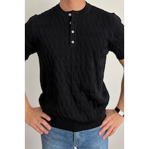 Cool Tarz Erkek Siyah Hakim Yaka Düğmeli Slim Fit Triko T-shirt Siyah Siyah