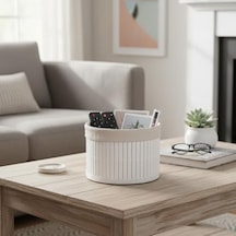 Yuvarlak Bambu Düzenleyici Ve Saklama Sepeti Beyaz Ahşap Çıtalı Banyo, Makyaj Ve Ofis Organizeri, Kumaş Astarlı Çok Amaçlı Dekoratif Kutu 18x13 Cm 4 Renk