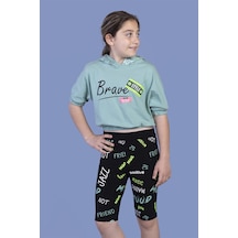 Toontoy Kids Toontoy Kız Çocuk Kapüşonlu Baskılı Biker Taytlı Takım Yeşil