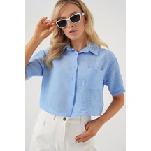 Defymoda Kısa Kol Crop Gömlek 20341 - Mavi Mavi