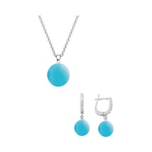 Gümüş Yuvarlak Model Kolye Küpe Turkuaz Taşlı Set 8 Mm