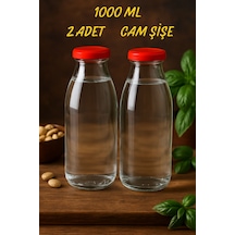 Rotanev 2 Adet 1 Litre Şeffaf Sürahi Süt, Ayran, Su, Limonata, Meşrubat Şişesi Plastik Kapaklı Cam Şişe