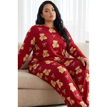 Siyah İnci Desenli Termal Kumaşlı Ultra Soft Yumuşak Büyük Beden Battal Boy Örme Pijama Takımı 26226720 Kırmızı