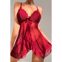 Ang Butik Kadın Bordo Dantelli, Fırfırlı Tül Ve Fiyonk Detaylı Tangalı Gecelik Takımı