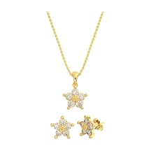 Roza Silver Zirkon Taşlı Gold Manolya Çiçeği Kolye Küpe 2'li Gümüş Set Rs10040