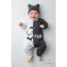 Babyden's Panda Baskılı Bebek Tulum & Şapka Seti,unisex Çıtçıtlı Uzun Kollu Yenidoğan Tulumu ,%100pamuk Antrasit - Beyaz