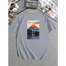 Mount Fuji Baskılı Boyalı Gri T-shirt Oversize Unisex Gri-48318