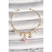 Pirinç Renk Sallantı Zirkon Taşlı Kalp Figür Pembe Kalp Detay Charm Kadın Bileklik Diğer