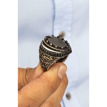 Oval Siyah Oniks Taşlı Hasbiyallah Yazılı Gümüş Erkek Yüzük -8429 Gümüş