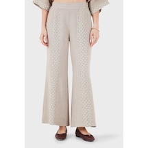 Via Dante % 100 Keten Relaxed Fit Brode İşlemeli Pantolon Bayan Pantolon 69912211 Vizon