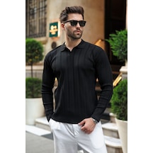 Madmext Siyah Polo Yaka Desenli Over Fit Erkek Triko Kazak E7517