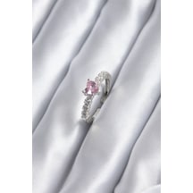 Gümüş Renk Zirkon Taşlı Pembe Kristal Kalp Model Kadın Yüzük Karışık