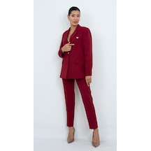 Dorne Moda Kadın Gold Düğmeli Şık Blazer Ceket Pantolon İkili Takım - Düğün - Ofis Şıklığı - Özel Gün Takım Elbise Bordo