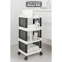 4 Katlı Tekerlekli Banyo Rafı - Havluluk Deterjanlık Makyaj Organizer Düzenleyici Raf Ünitesi Siyah Siyah