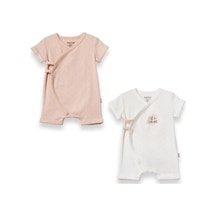 Babycosy Organic Wear %100 Organik Pamuk,2'li Kruvaze Kısa Kollu Bebek Tulum Little Princess Yazlık Kız Bebek Tulum Ekru