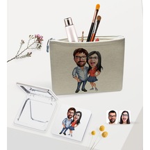 Bk Gift Kişiye Özel Sevgililer Karikatürlü Keten Makyaj Çantası Ve Ayna Seti, Sevgiliye Hediye, Sevgililer Günü Hediyesi, Doğum Günü Hediyesi-2